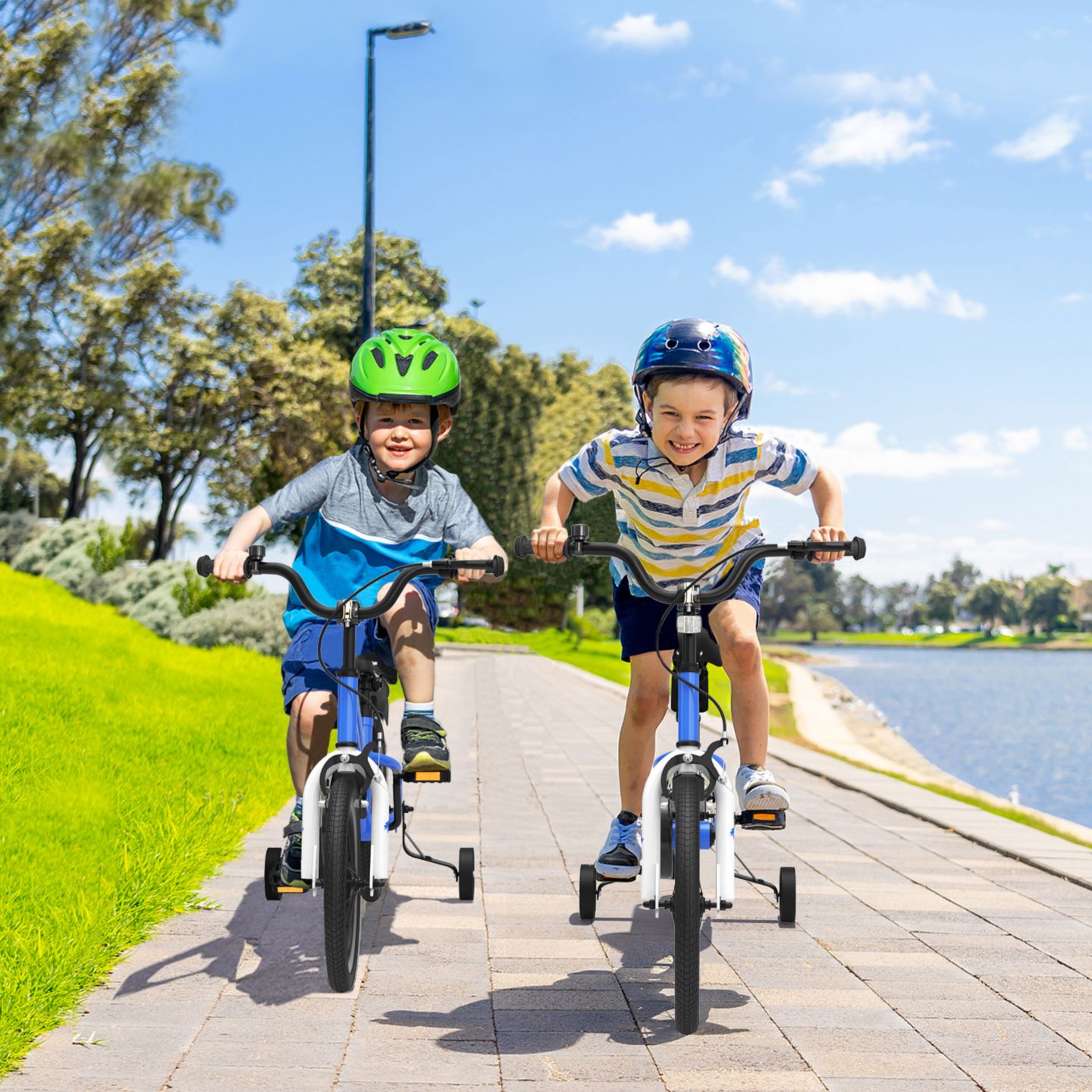 Детская игрушка Costway 18-Inch Kids' Bike with Adjustable Handlebar & Saddle, Removable Training Wheels, 4–8 лет, цвет: Синий — фото 3
