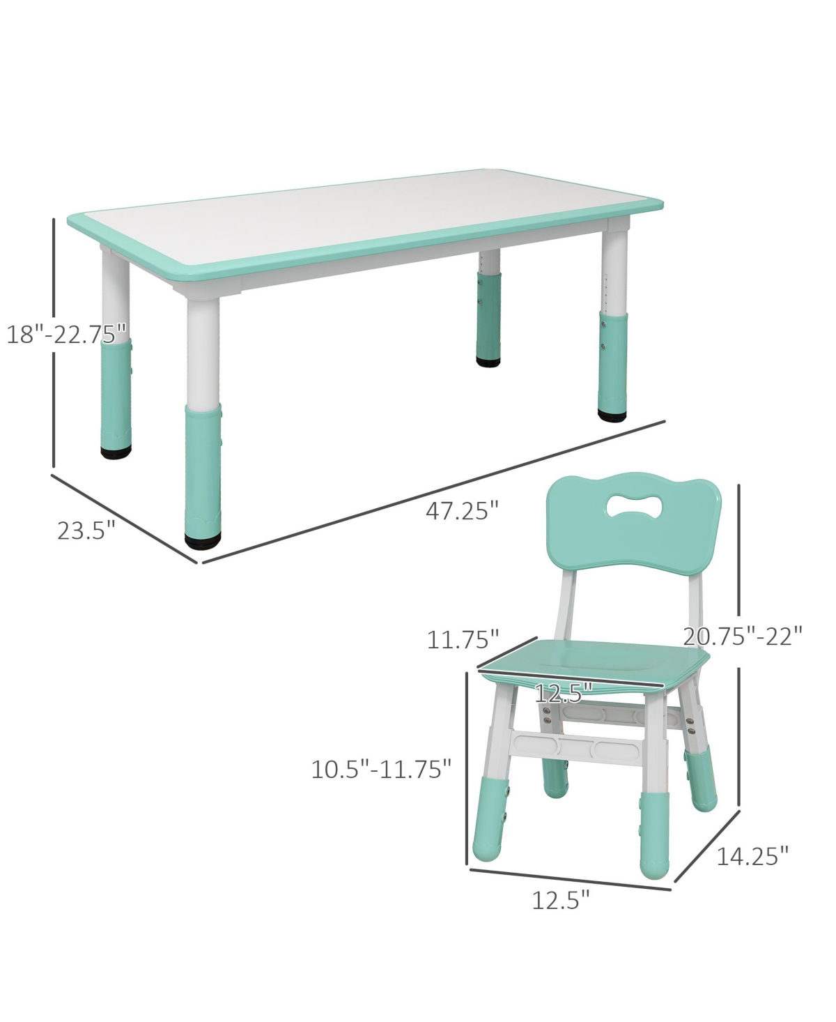 Qaba Kids Table and Chair Set with 4 Chairs, Adjustable Height, Easy to Clean Table Surface, for 1.5 - 5 Years Old,- Green