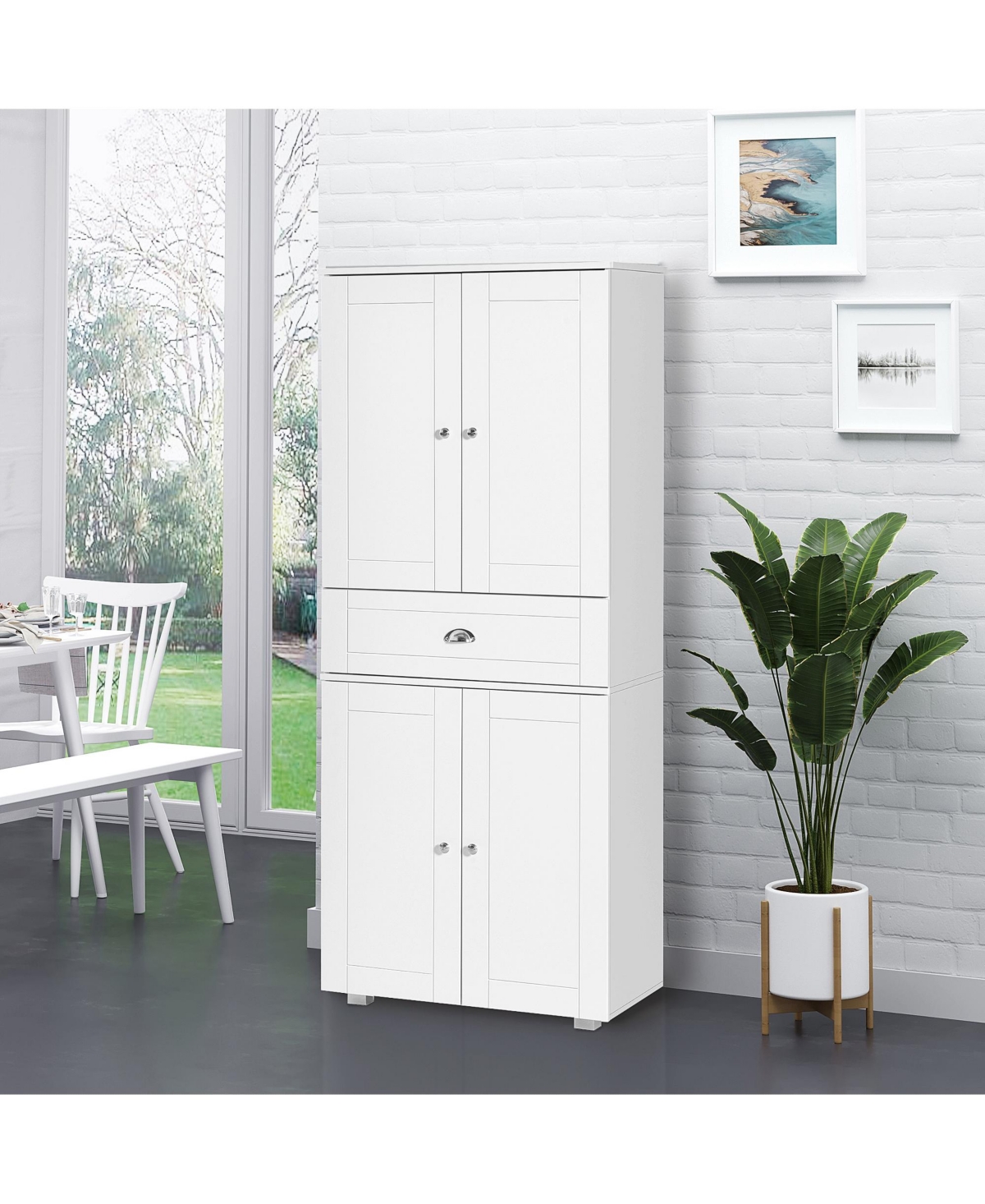Homcom Freestanding Kitchen Pantry Cabinet with 2 Large Double Door Cabinets and 1 Center Drawer,- White