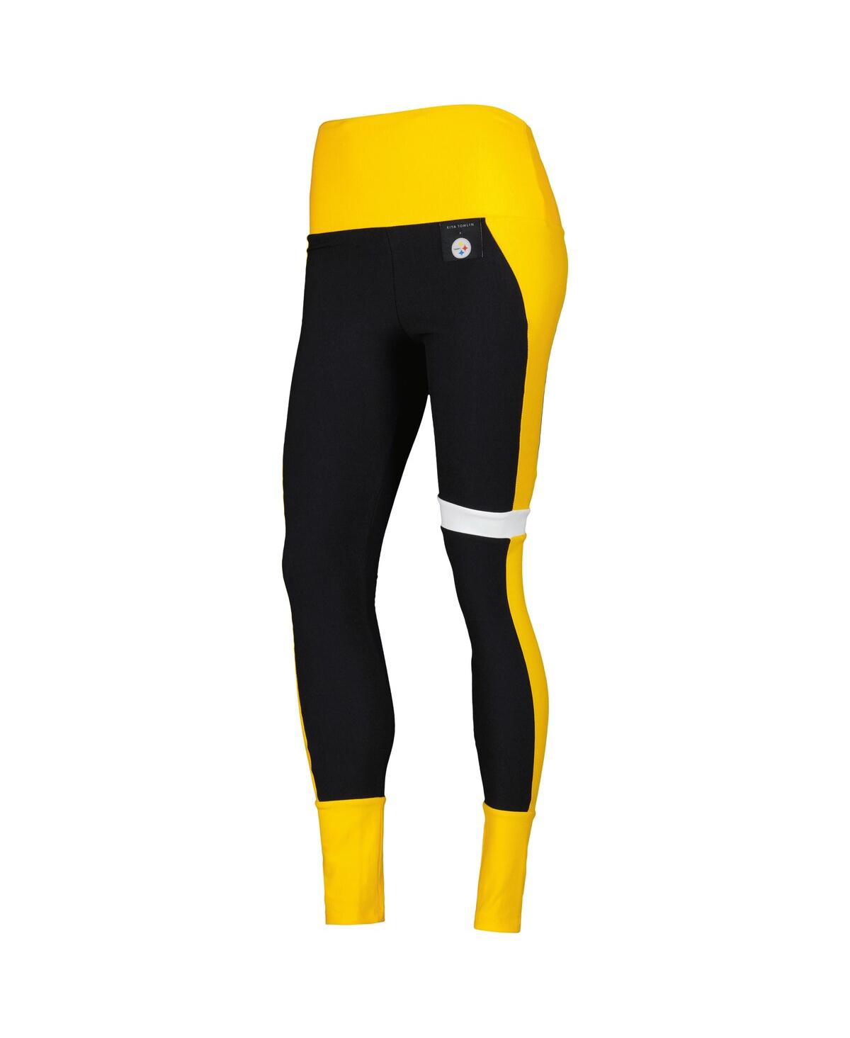 Shop Kiya Tomlin Women's  Black, Gold Pittsburgh Steelers Colorblock Tri-blend Leggings In Black,gold