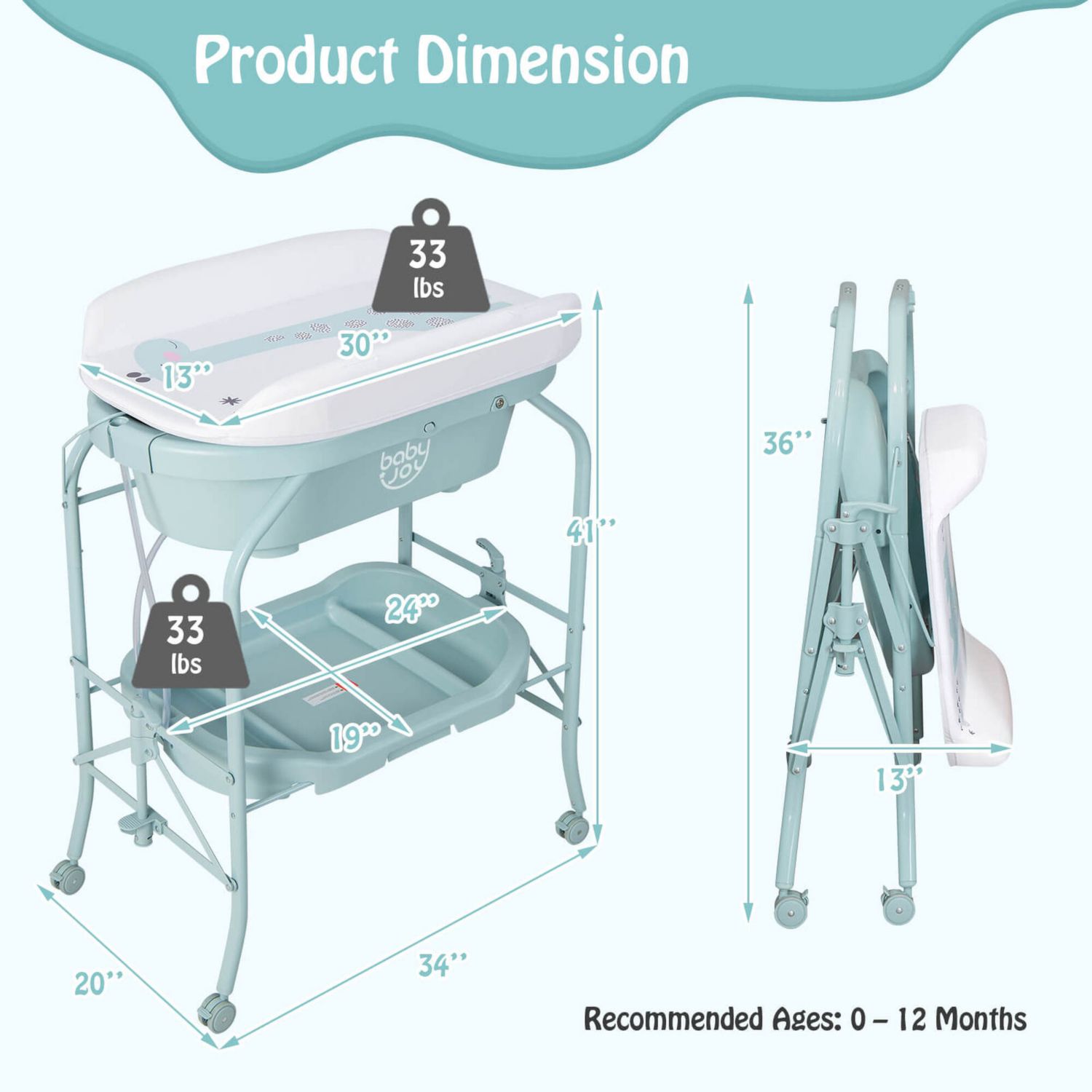 Baby Changing Table with Bathtub, Folding Diaper Station with Wheels