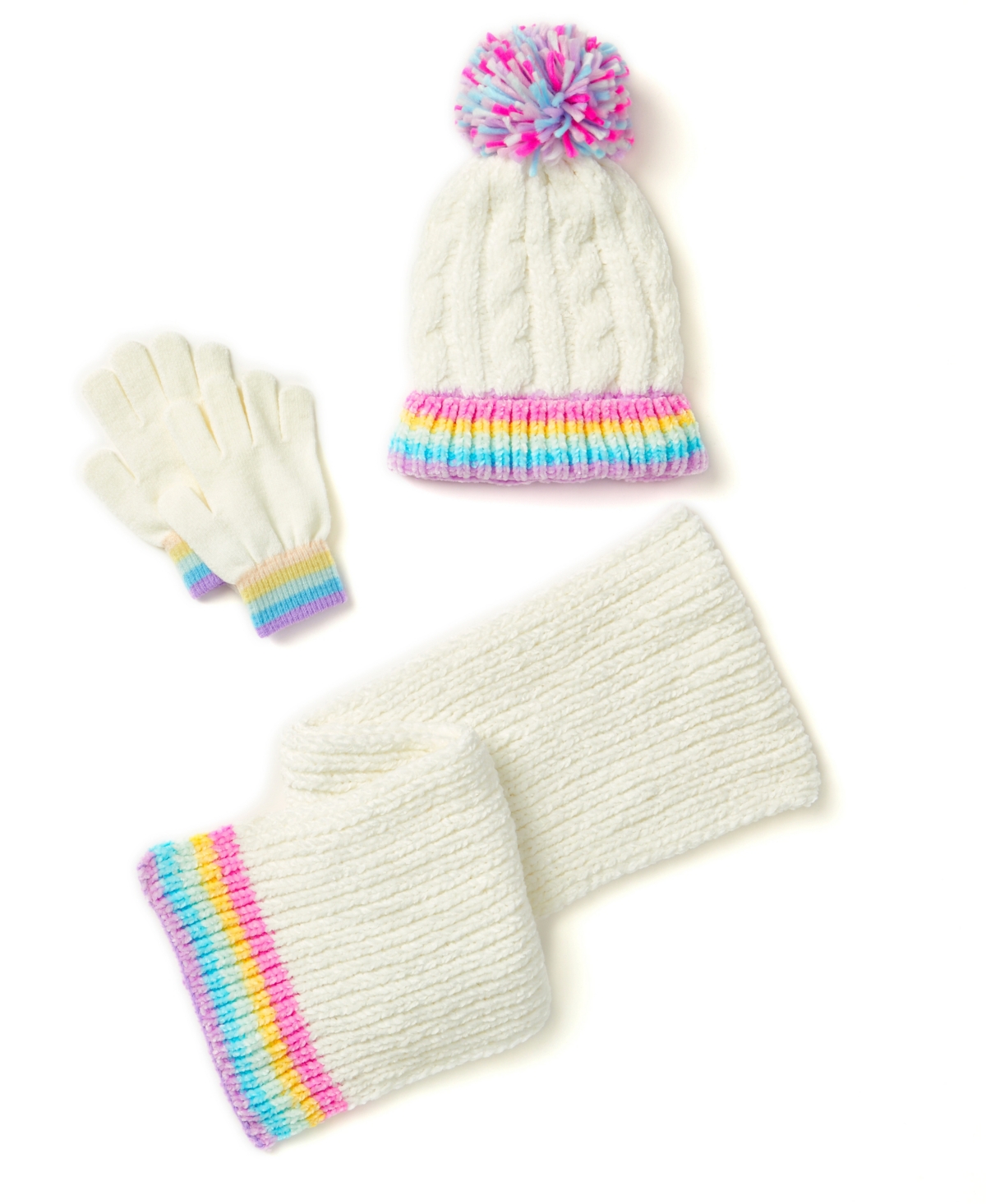Inmocean Kids' Rainbow Sugar Big Girls Chenille Rainbow Stripe Hat, Gloves And Scarf, 3 Piece Set In Multi