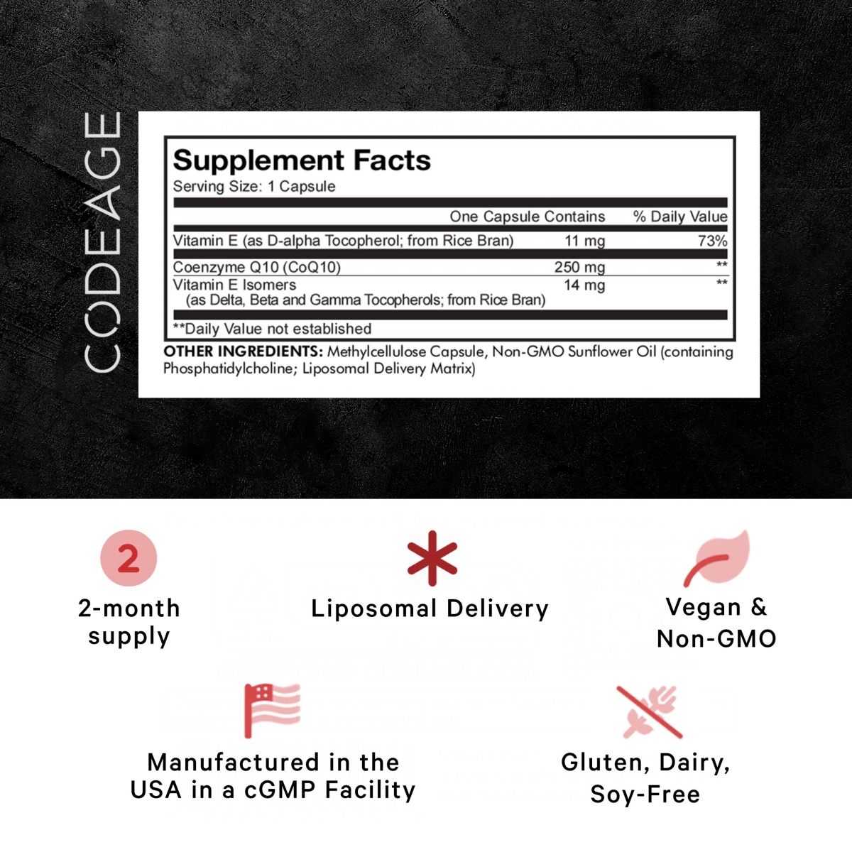 Codeage Liposomal CoQ10 Max Supplement - 250 mg Coenzyme Q10 with Vitamin E Isomers Tocopherols - 2-Month Supply - 1 Capsule Per Serving - Liposomal D