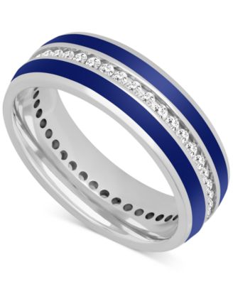 Macy's - Men's Black Sapphire (1-1/3 ct. t.w.) & Ceramic Stripe Band in Sterling Silver (Also in Lab-Created White Sapphire)