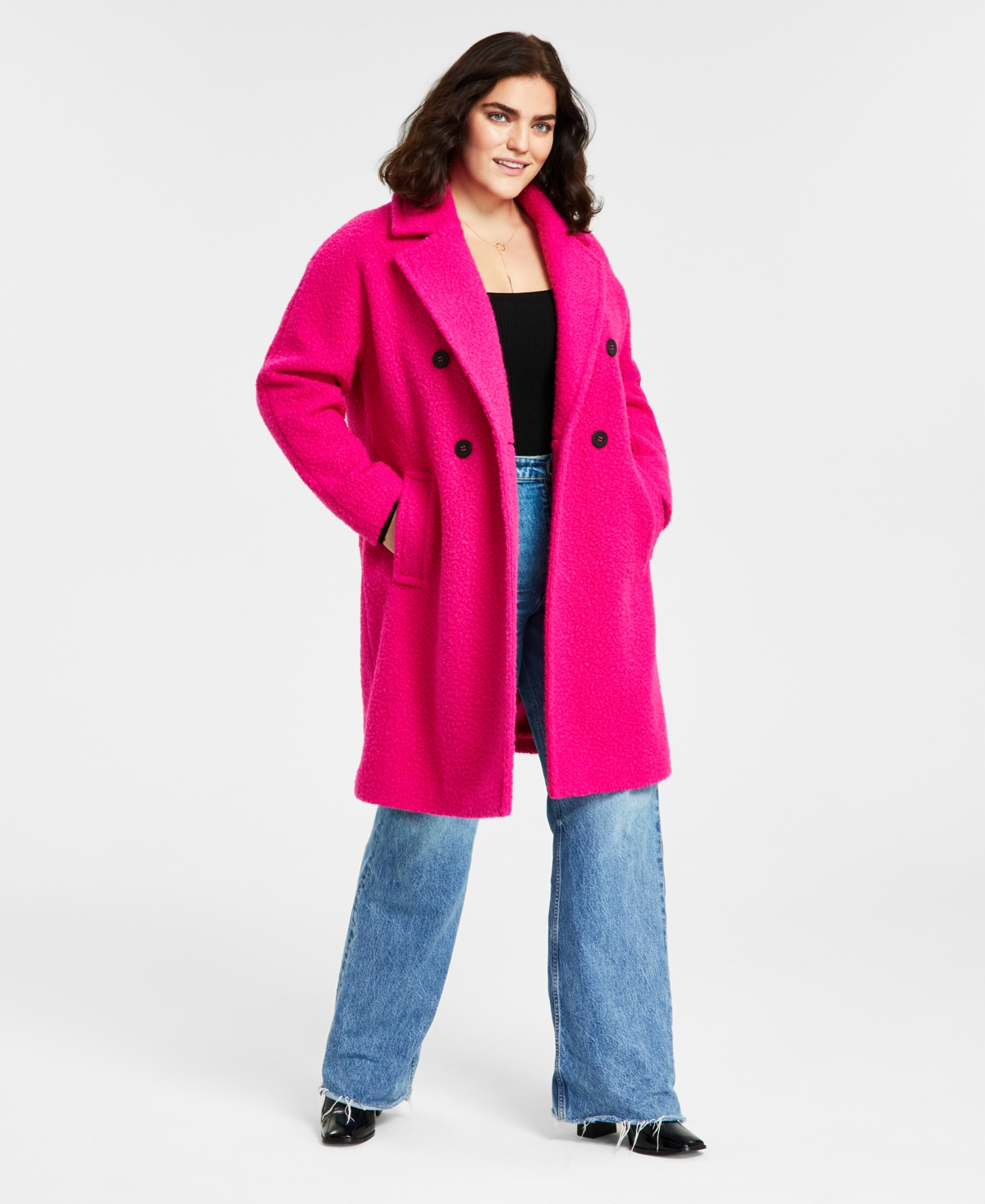 Women's Plus Size Double-Breasted Boucle Walker Coat, Created for Macy's - Bright Pink