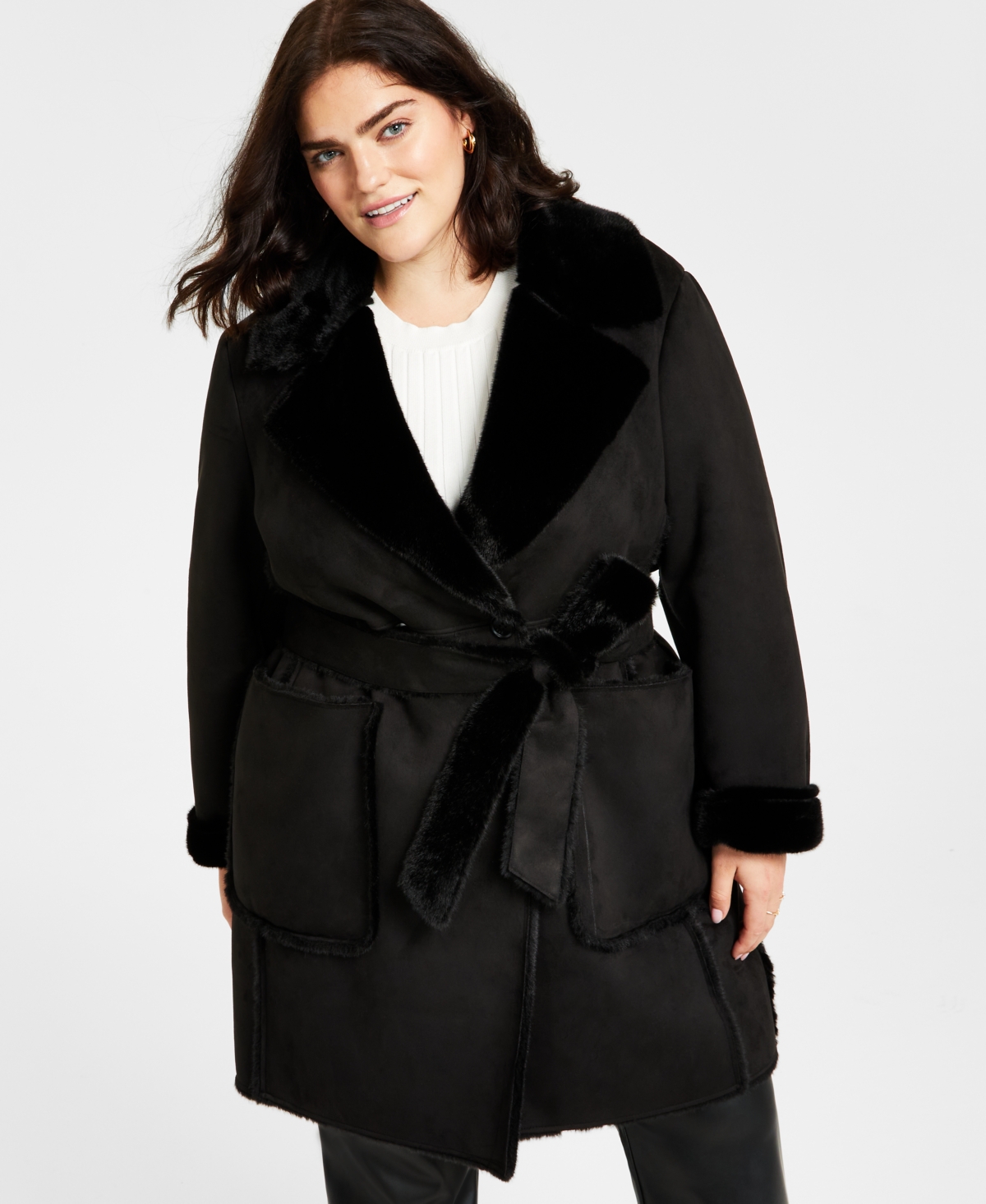 Dkny Women's Plus Size Belted Notched-collar Faux-shearling Coat In Black