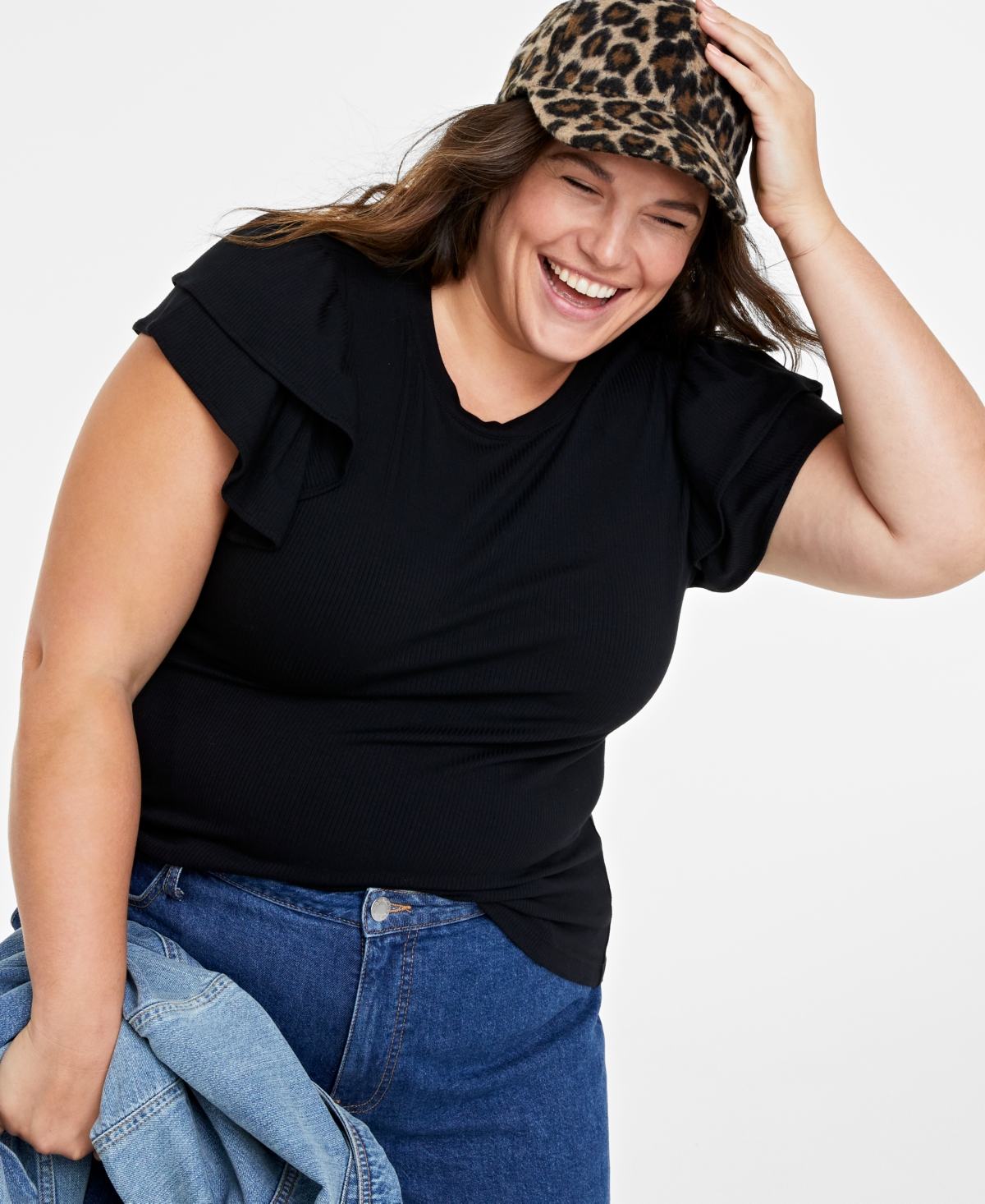 Trendy Plus Size Flutter-Sleeve Top, Created for Macy's - Deep Black