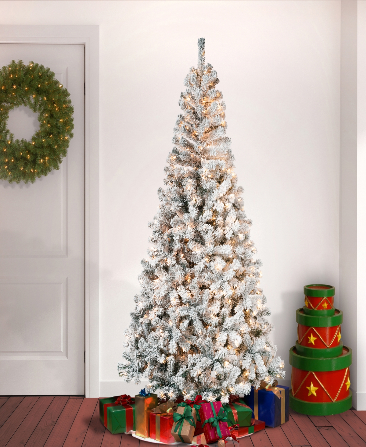 Shop National Tree Company First Traditions 7.5' Acacia Flocked Tree With Clear Lights In Green