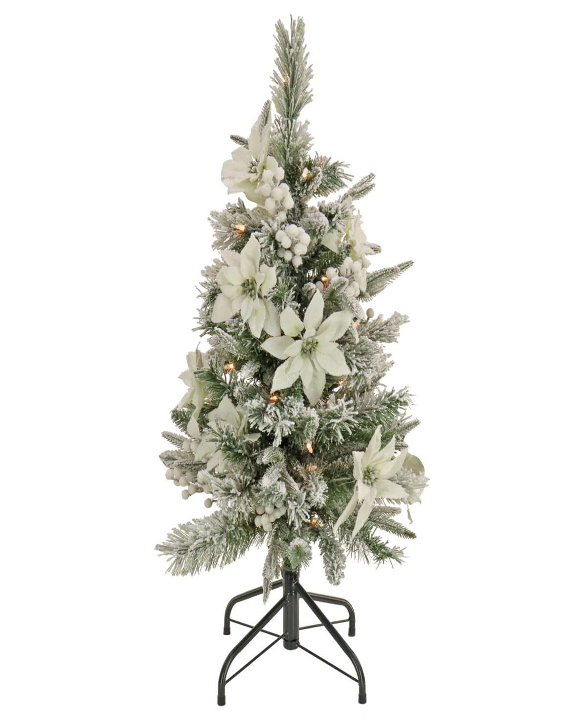 National Tree Company 3' Feel Real Frosted Colonial Pencil Slim Hinged Tree With Poinsettias, Berries 50 Clear Lights In Green