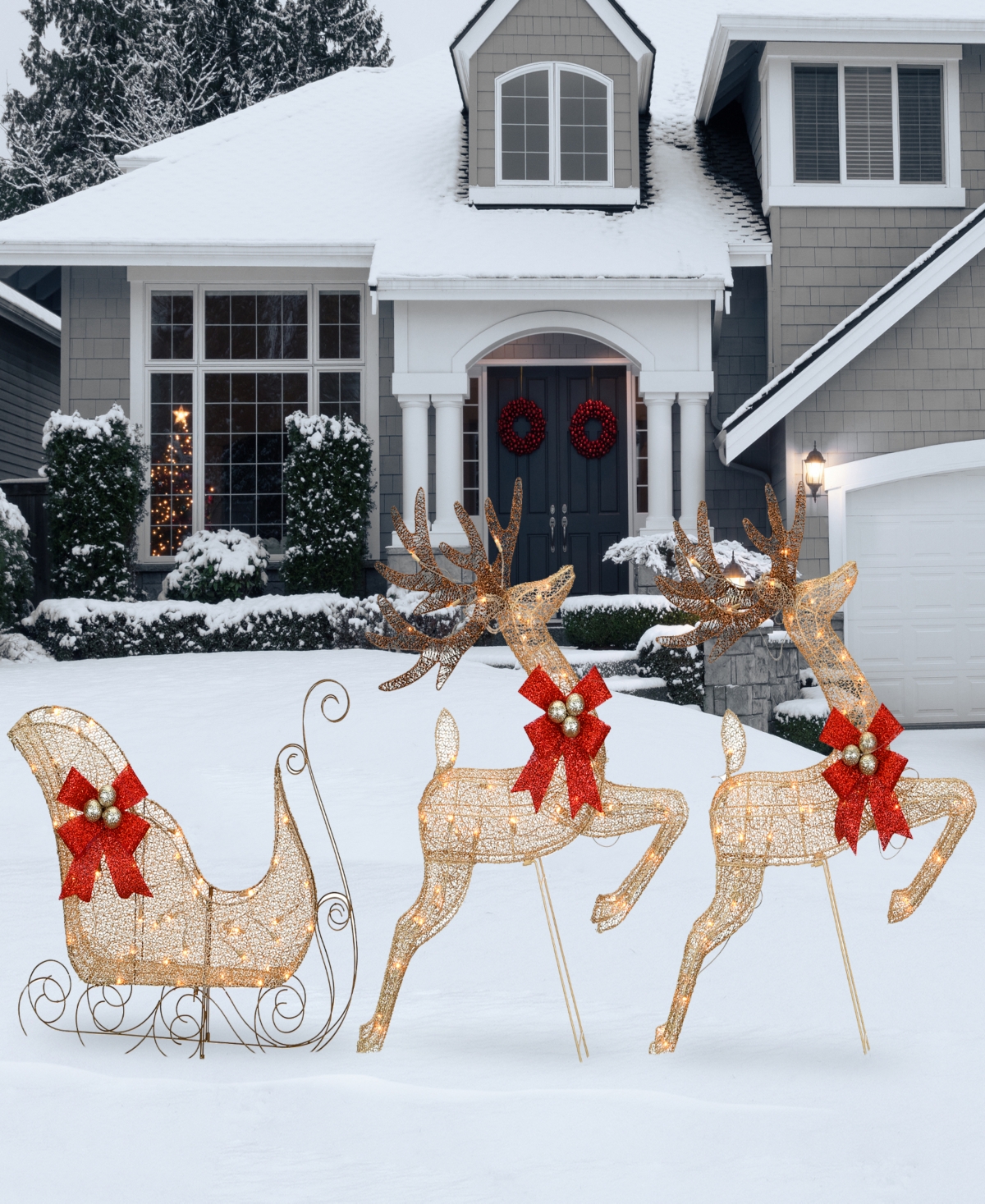 National Tree Company Champagne Reindeer And Sleigh With Clear Lights In Gold