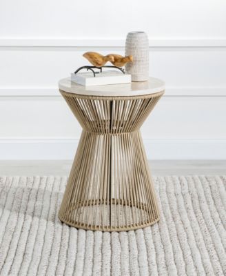Biscayne 18" Wood with Travertine Top Round Rope End Table
