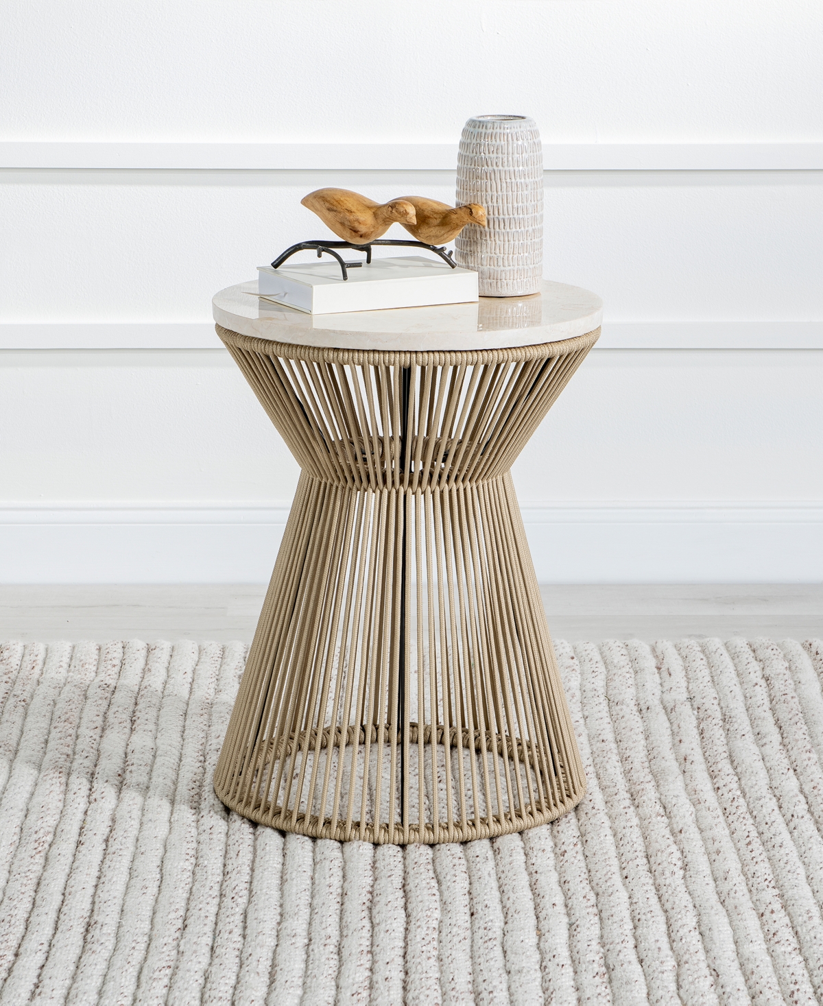 Biscayne Wood with Travertine Top Round Rope End Table - Malabar with Alabaster Fronts