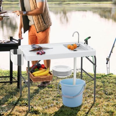 Folding Fish Cleaning Table Portable Camping Table with Faucet Hose Grid Rack