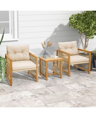 3PCS Patio PE Wicker Conversation Set Acacia Wood Frame
