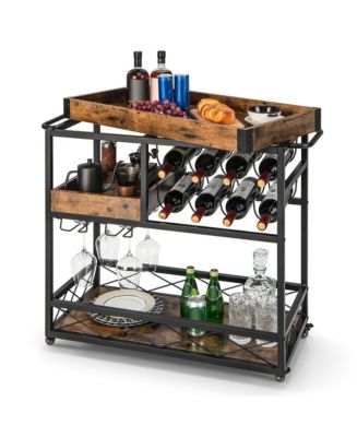 Costway 3-Tier Mobile Bar Serving Cart Liquor Storage Trolley with Removable Tray Wine Rack - Macy's