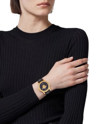 Women's Swiss Medusa Deco Black Leather Strap Watch 38mm