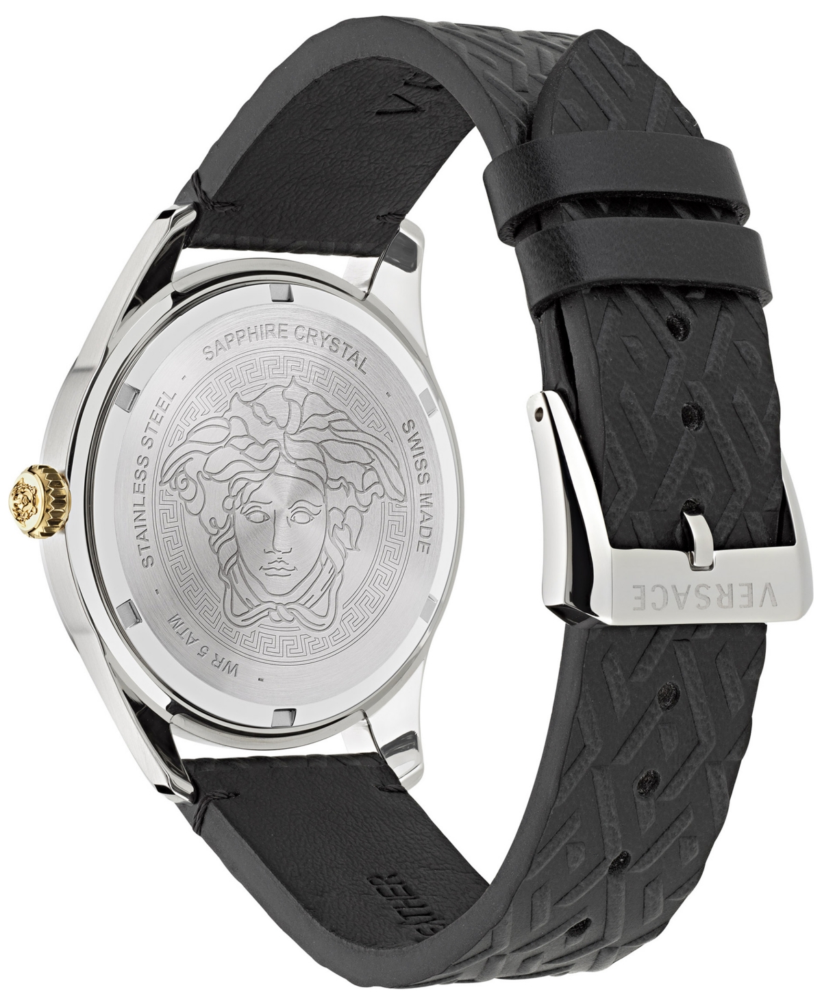 Shop Versace Men's Swiss Greca Time Gmt Black Leather Strap Watch 41mm In Stainless Steel