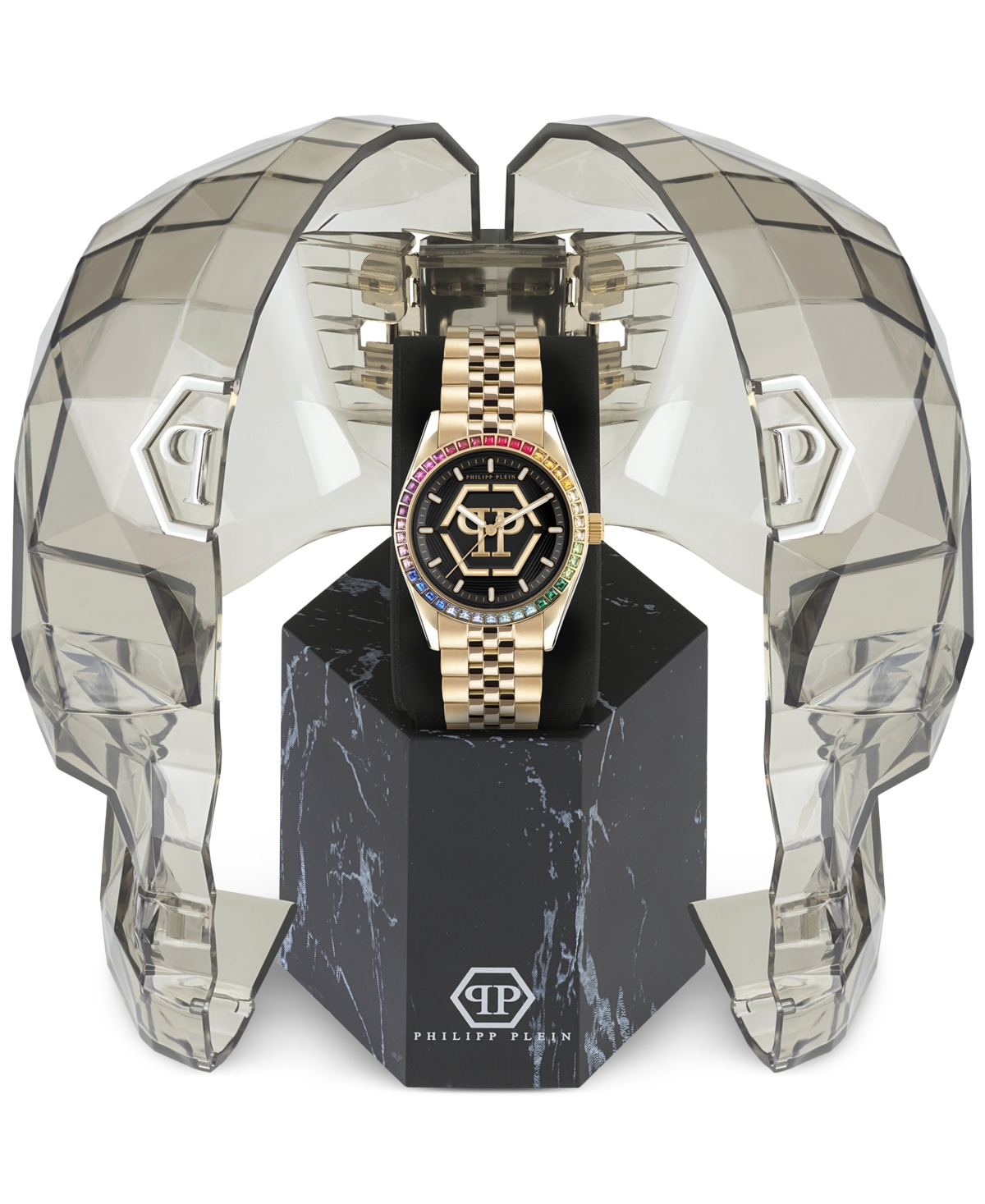 Philipp Plein Date Superlative Crystal Watch In Ip Yellow Gold