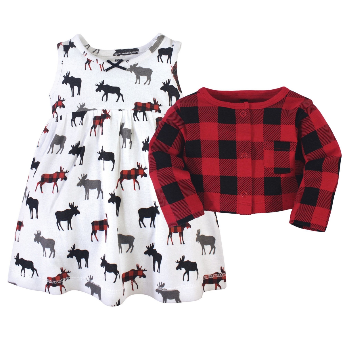 Hudson Baby Baby Girls Cotton Dress and Cardigan 2pc Set,- Buffalo plaid moose