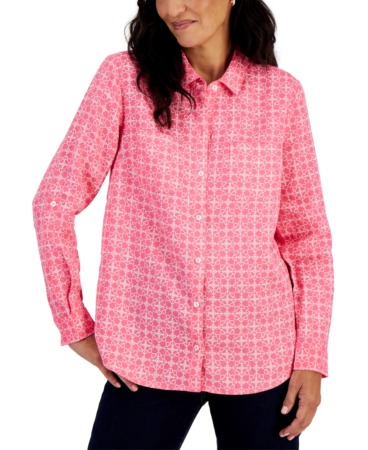 Charter Club Petite 100% Linen 3/4 Sleeve Paper Geo Roll Tab Shirt, Created For Macy's In Foxy Pink Combo
