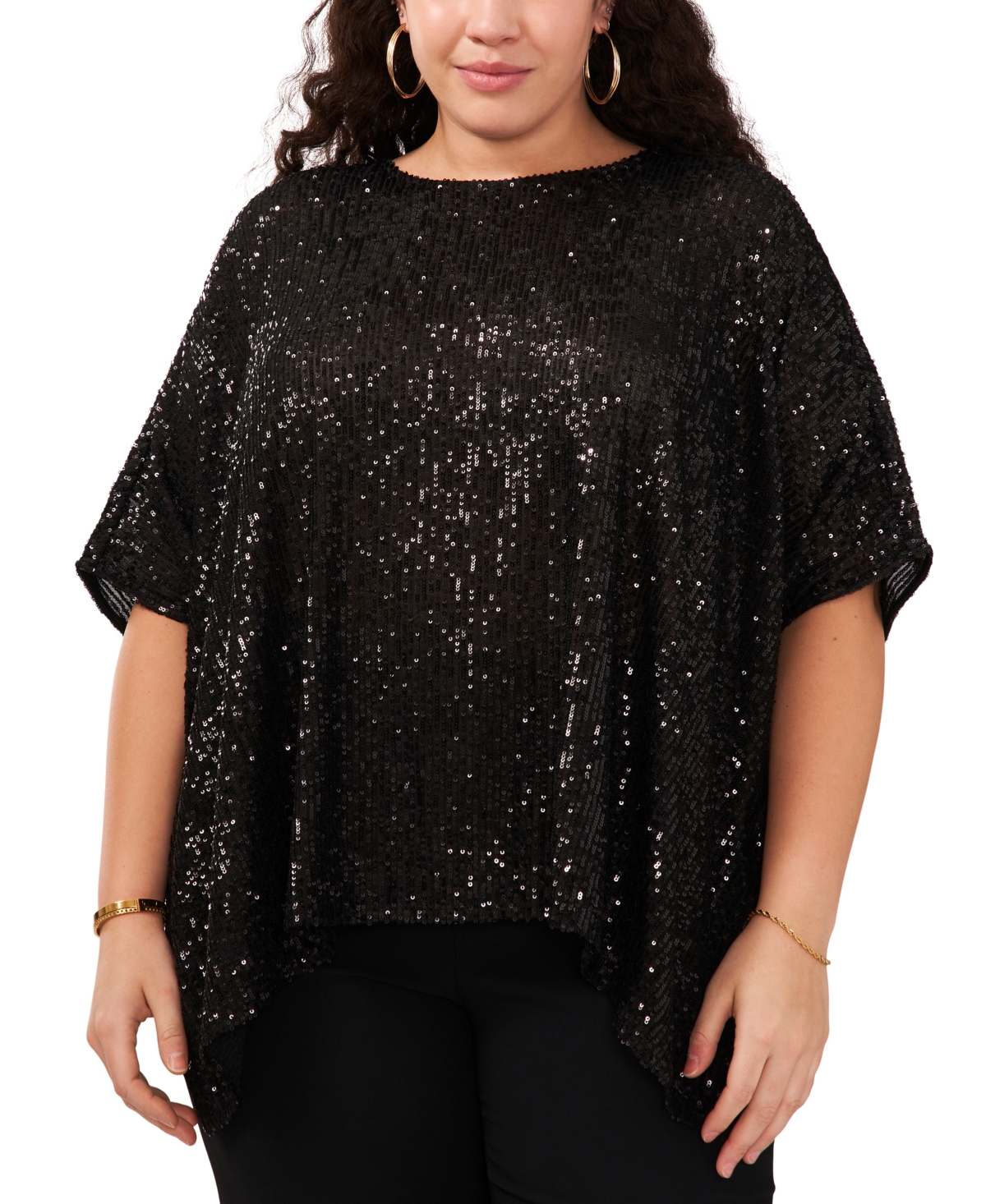 Msk Plus Size Sequined Boat-neck High-low Poncho Top In Black