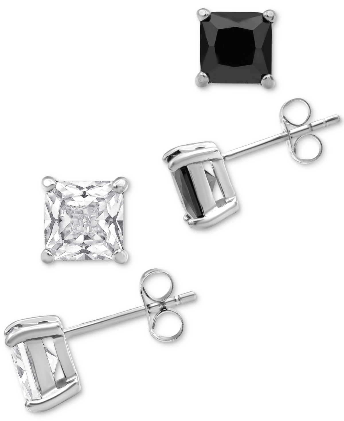 2-Pc. Set Men's Black & White Cubic Zirconia Square Stud Earrings in Stainless Steel - Black/White