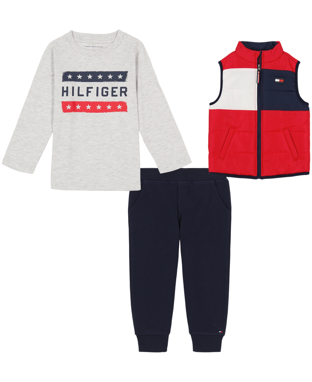 Tommy Hilfiger Baby Boys Long Sleeve Signature T-shirt, Colorblock Puffer Vest And Fleece Joggers, 3 Piece Set In Red