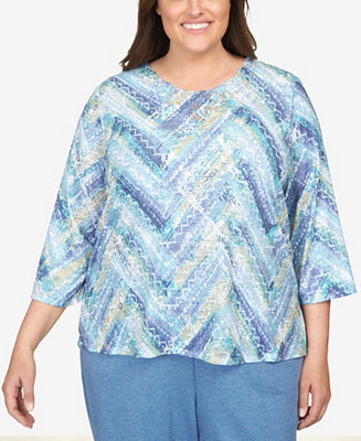 Alfred Dunner Plus Size Comfort Zone Texture Chevron Lace Neck Top - Macy's