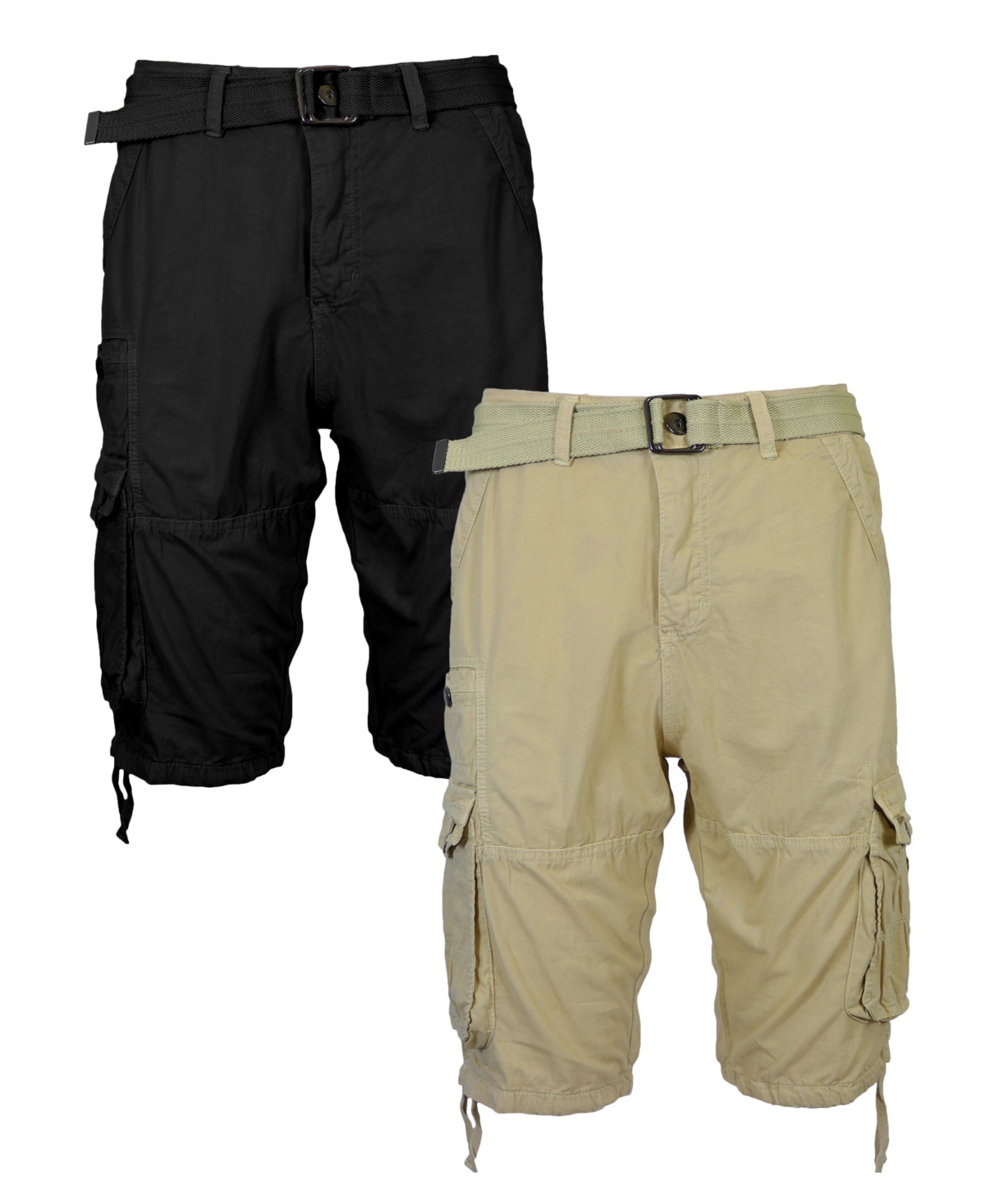 Men's Vintage-Like Cotton Cargo Belted Shorts, Pack of 2 - Olive-Light Khaki