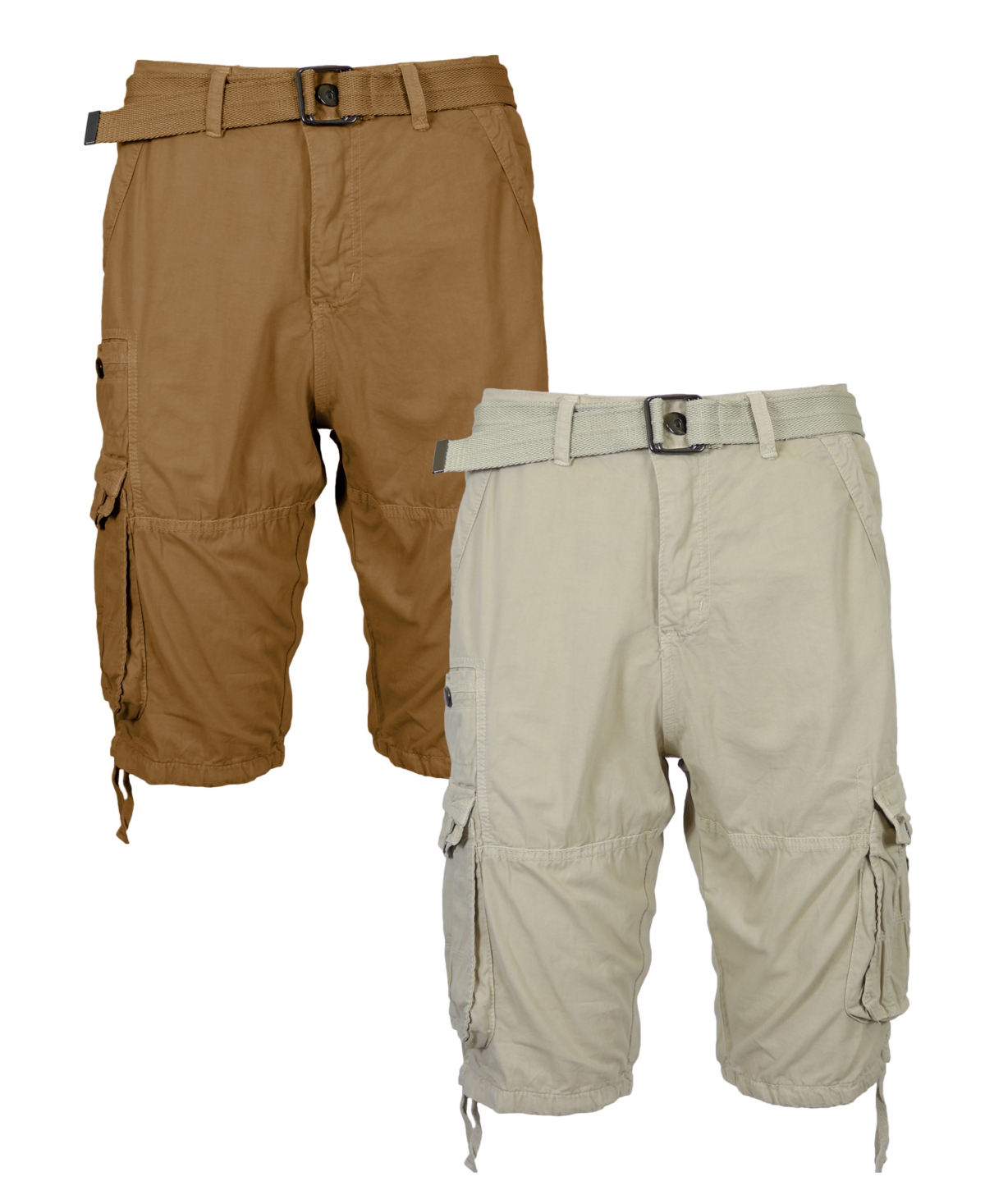 Men's Vintage-Like Cotton Cargo Belted Shorts, Pack of 2 - Olive-Light Khaki