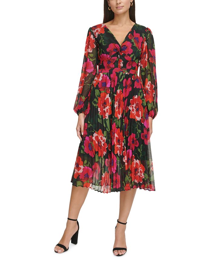 kensie Women's Floral-Print Twist-Front Pleated Midi Dress - Macy's