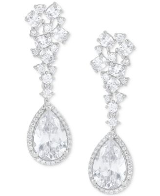 Cubic Zirconia Pear Halo Cluster Drop Earrings in Sterling Silver
