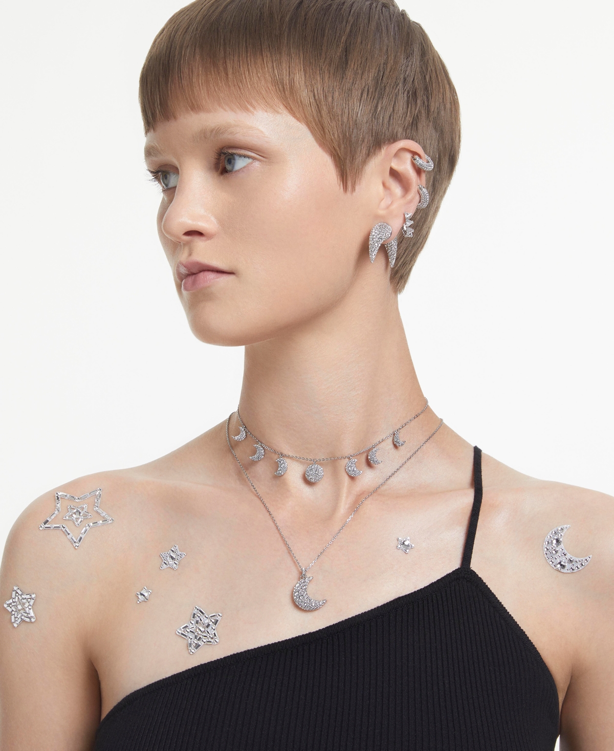 Swarovski Rhodium-Plated Mixed Crystal Moon Charm Statement Choker Necklace, 11-4/5