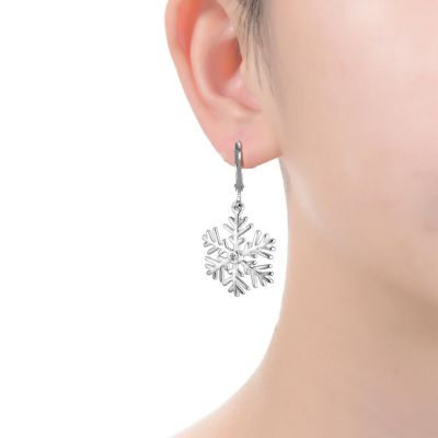 Cubic Zirconia Sterling Silver Snowflake Drop Euro Earrings