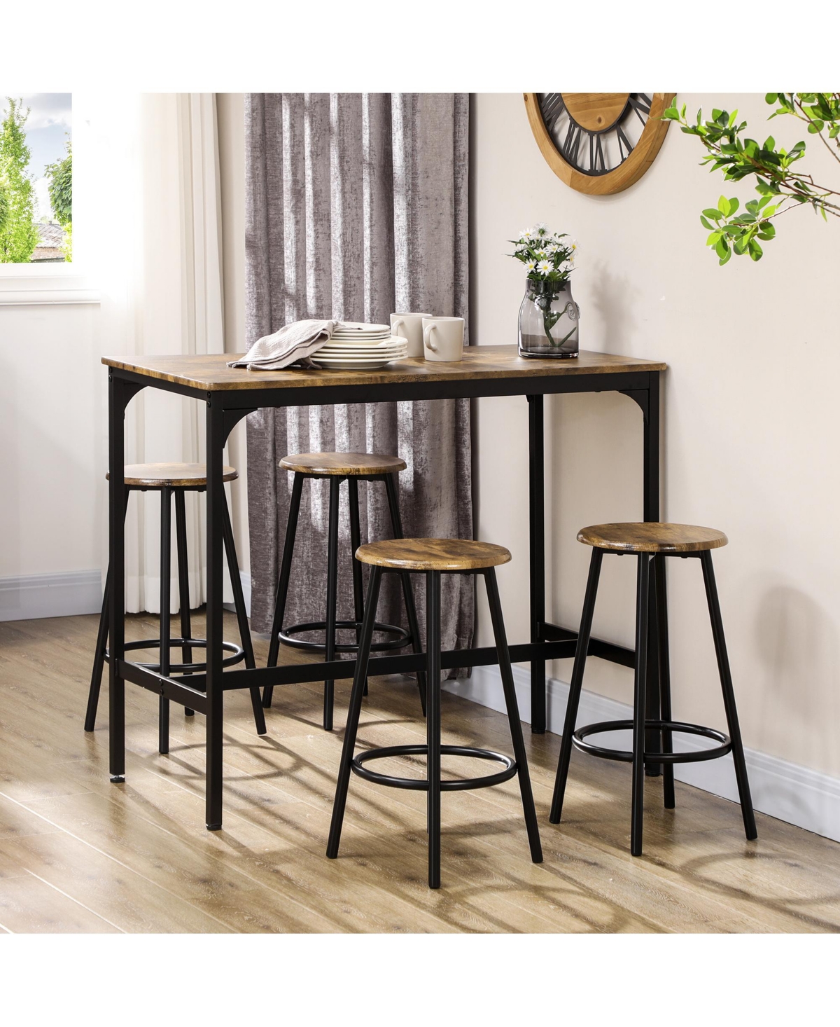 Homcom 5-Piece Rustic Bar Table and Stool Set for Dining Room