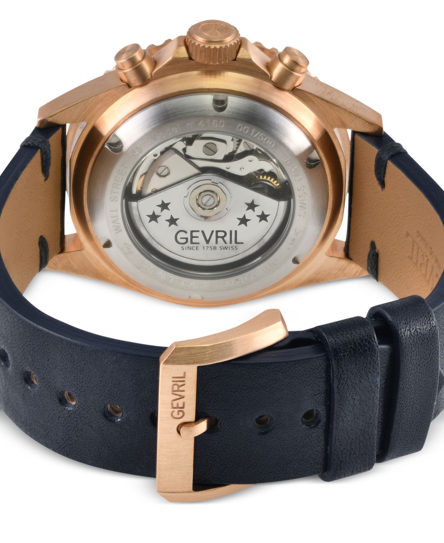 Мужские часы Gevril Wall Street Swiss Automatic Leather Strap Watch 44mm, цвет: Тёмно-синий — фото 3