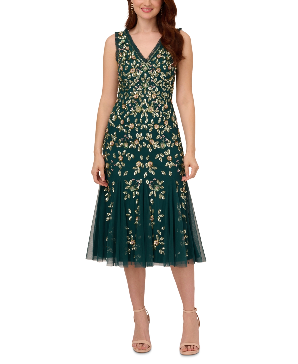 1920s Style Dresses, 1920s Dress Fashions You Will Love Adrianna Papell Womens Embellished Ruffled Godet Dress - Gem Green $299.00 AT vintagedancer.com