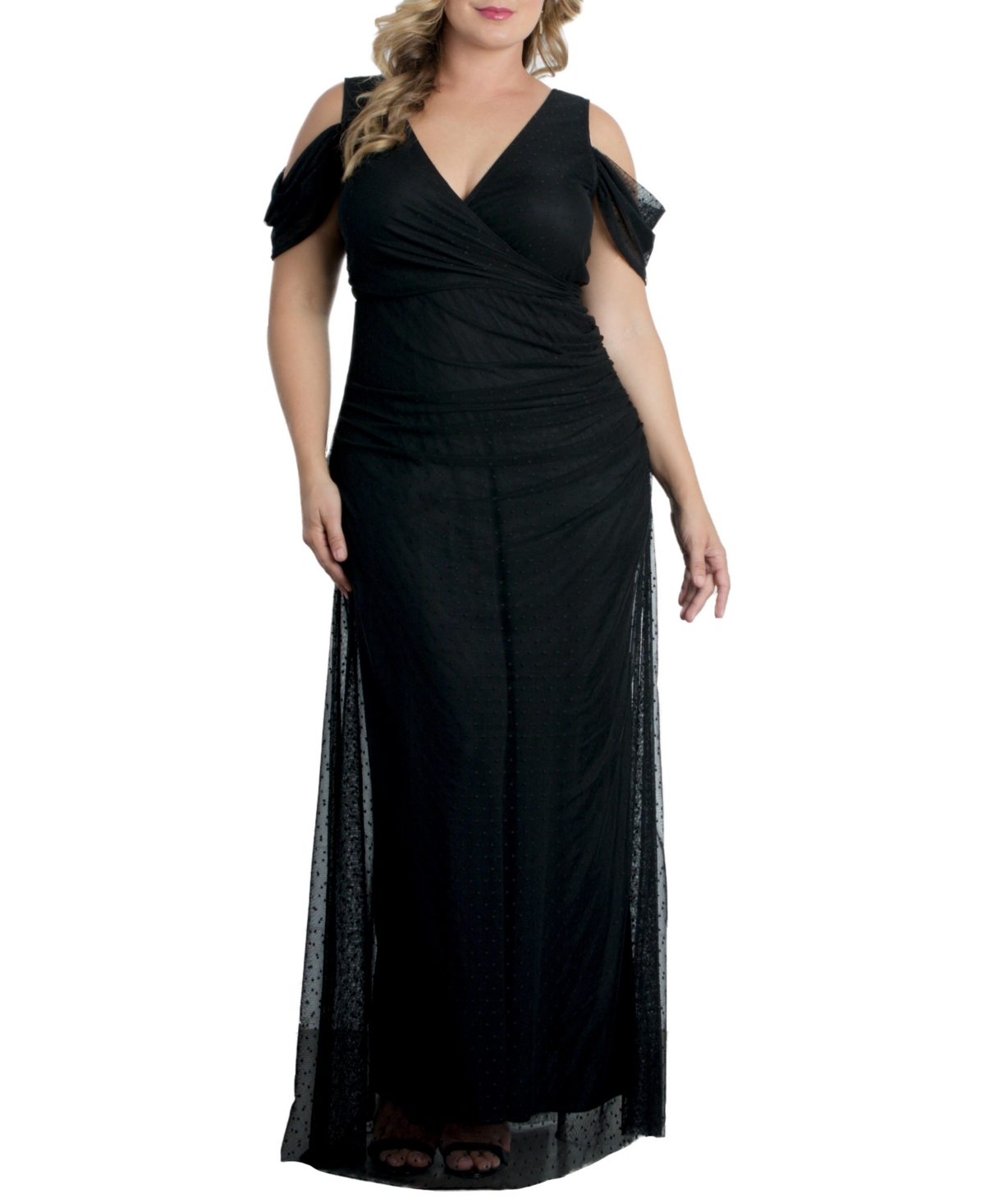 Kiyonna Plus Size Seraphina Mesh Cold-shoulder Gown In Onyx