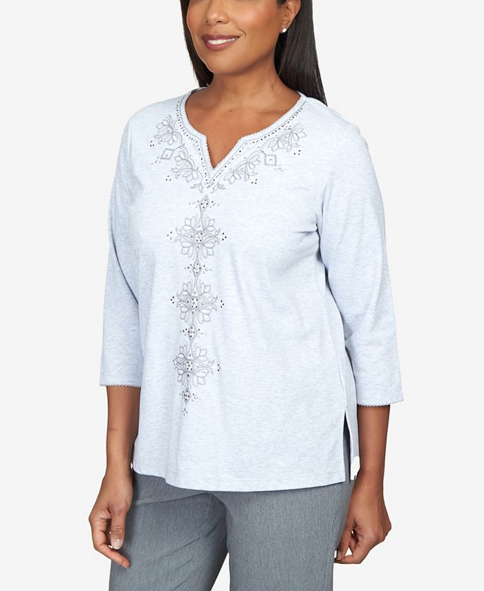 Alfred Dunner Petite Point of View Center Scroll Embroidery Top - Macy's
