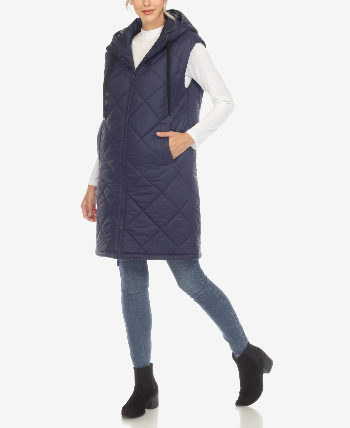 White Mark Women's Diamond Quilted Hooded Long Puffer Vest Jacket