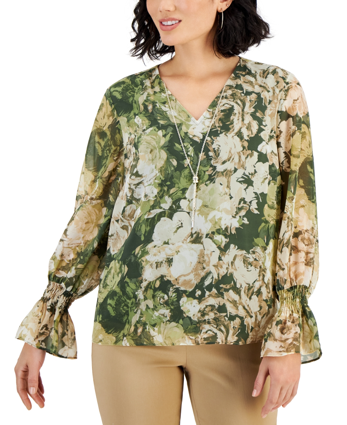Jm Collection Women's Floral-Print Pleated-Shoulder Top, Created
