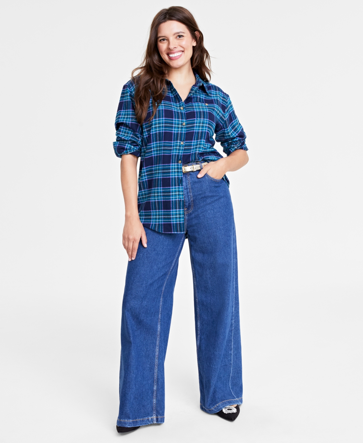 On 34th Women's Cotton Flannel Plaid Tunic Shirt, Created For Macy's In Blue Purple Combo