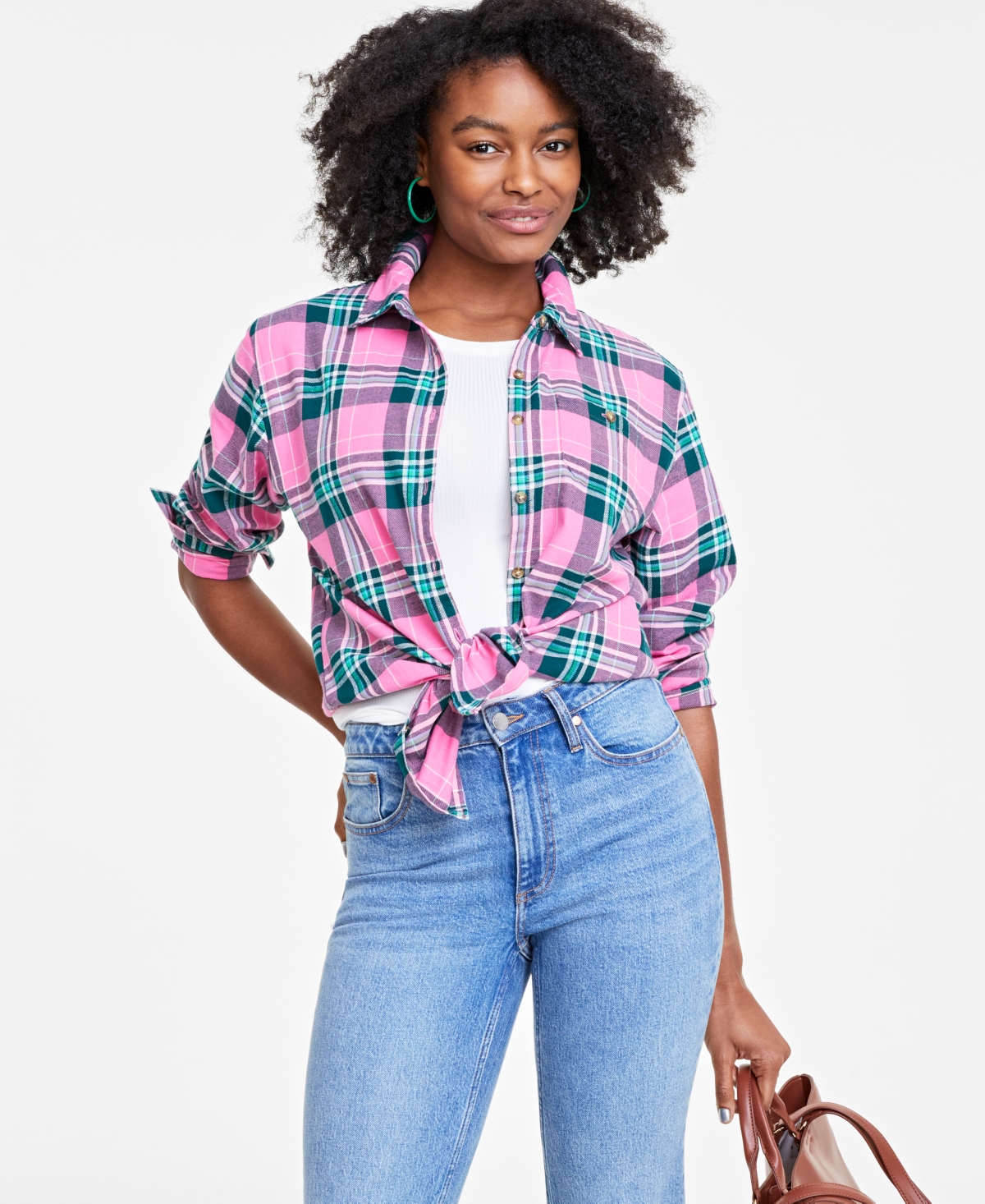 On 34th Women's Cotton Flannel Plaid Tunic Shirt, Created For Macy's In Pink Combo