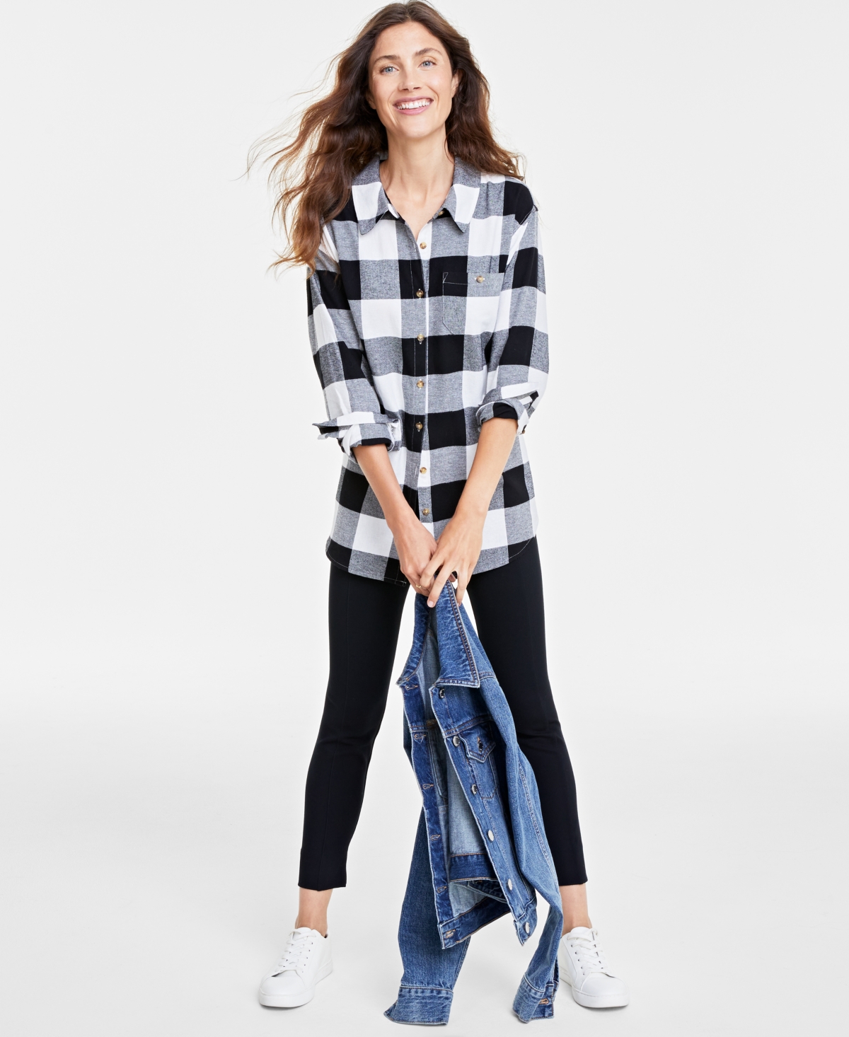 On 34th Women's Cotton Flannel Plaid Tunic Shirt, Created For Macy's In White Black Combo
