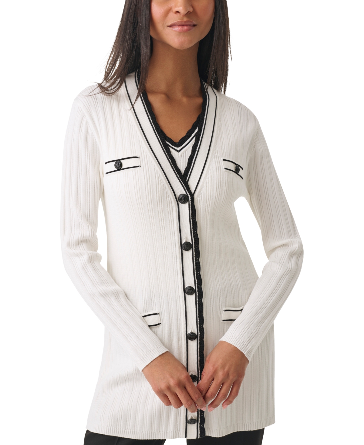 Women's Lace-Trim Cardigan Sweater - Soft White/ Black