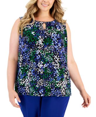 Kasper - Plus Size Printed Keyhole-Front Sleeveless Top