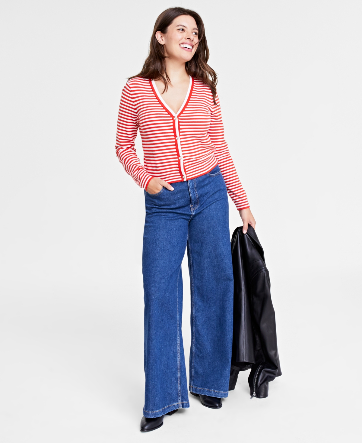 On 34th Women's Tipped V-neck Cardigan, Created For Macy's In Fiery Red