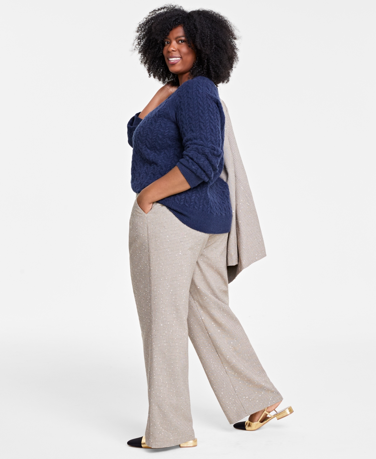 Shop On 34th Plus Size Sequin Plaid Wide-leg Pants, Created For Macy's In Grey Plaid Combo