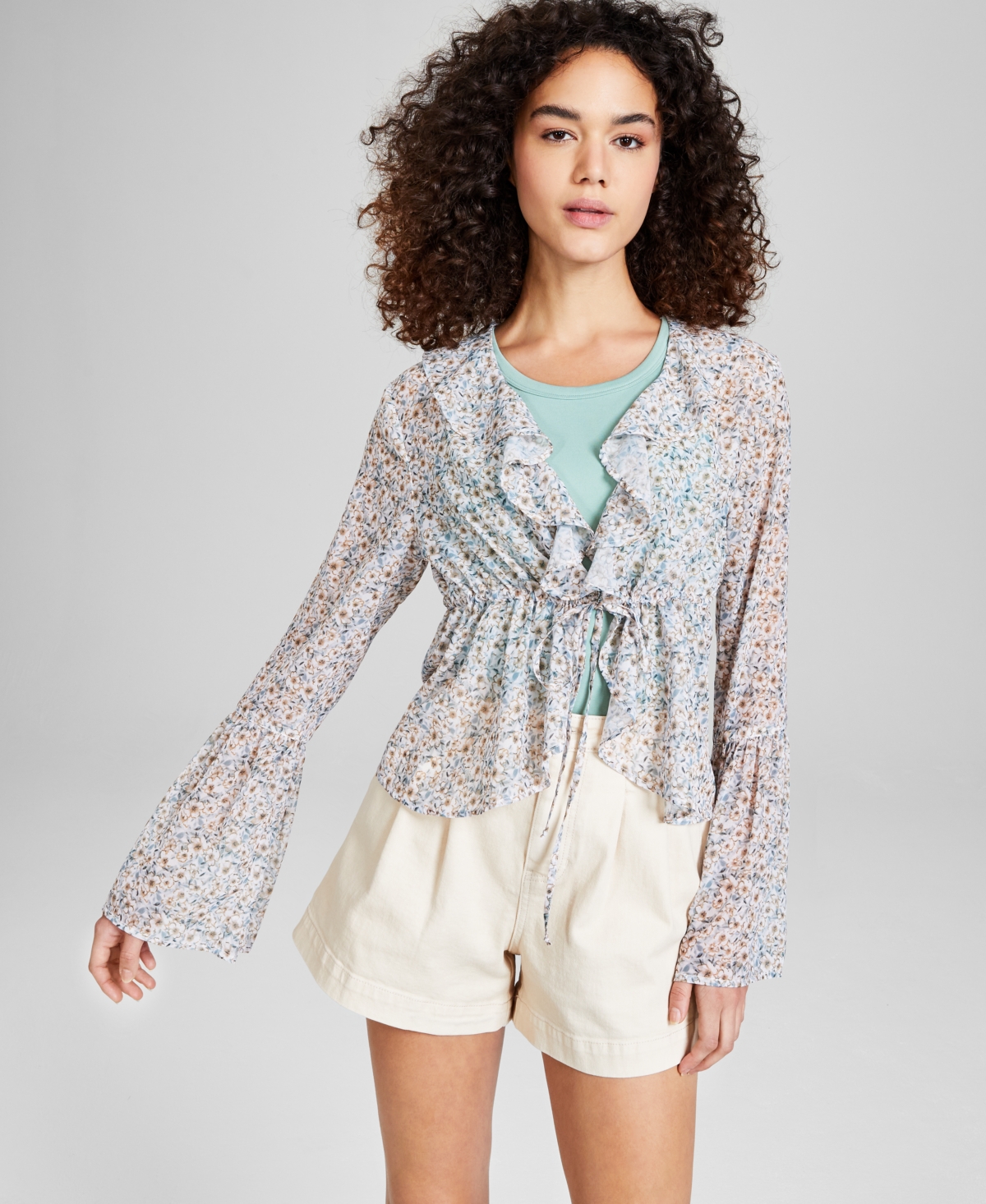 Women's Floral Print Tie-Waist Bell-Sleeve Top, Created for Macy's - Tan Floral