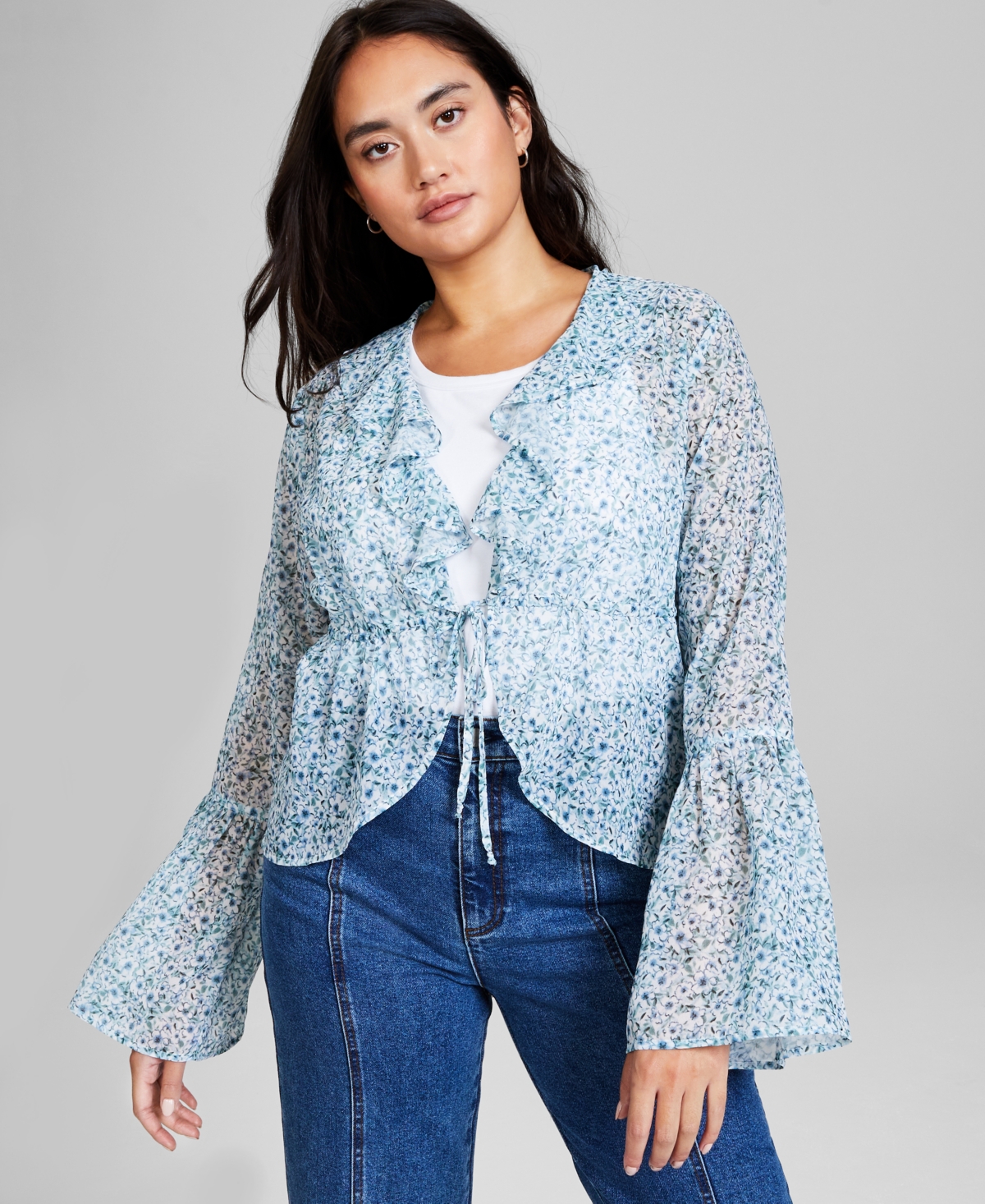 And Now This Women's Floral Print Tie-waist Bell-sleeve Top, Created For Macy's In Blue Floral